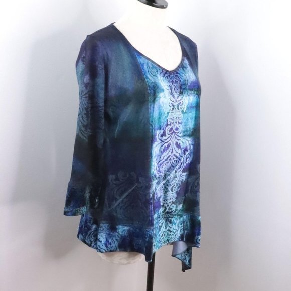 One World Women's M Blue Multi Ornate Velour Knit Asymmetrical Tunic Top - Picture 2 of 10